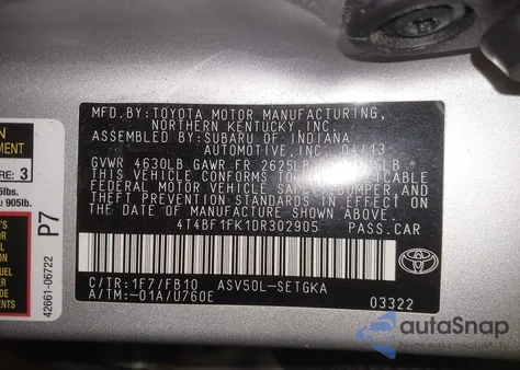 2013 Toyota Camry Xle from USA, damaged, VIN 4T4BF1FK1DR302905